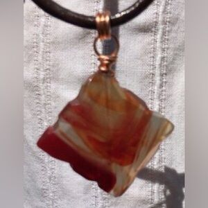 Unique Cut Carnelian & Copper Leather Necklace Adjustable 20-40 Inches Handmade